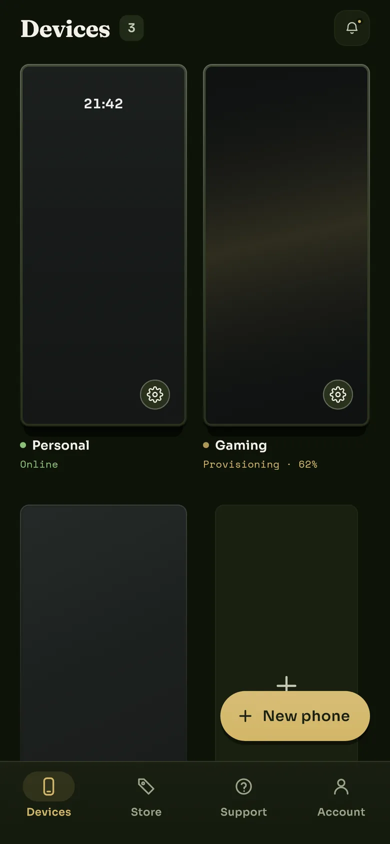 The Skyro Cloud app showing three cloud phones, one online and one still being provisioned at 62 per cent, and a tile for adding another.