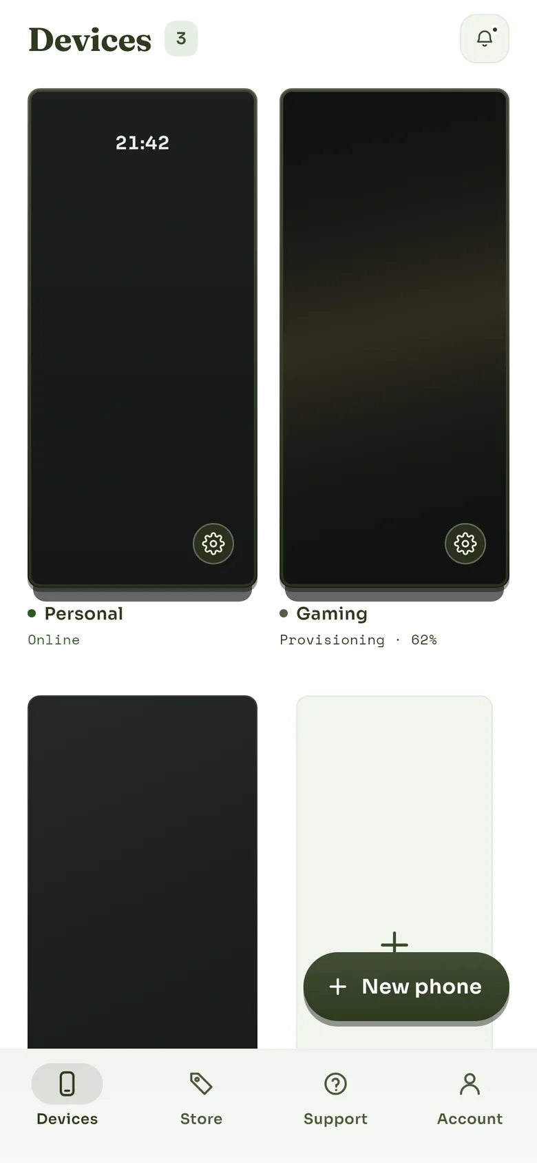 The Skyro Cloud app showing three cloud phones, one online and one still being provisioned at 62 per cent, and a tile for adding another.